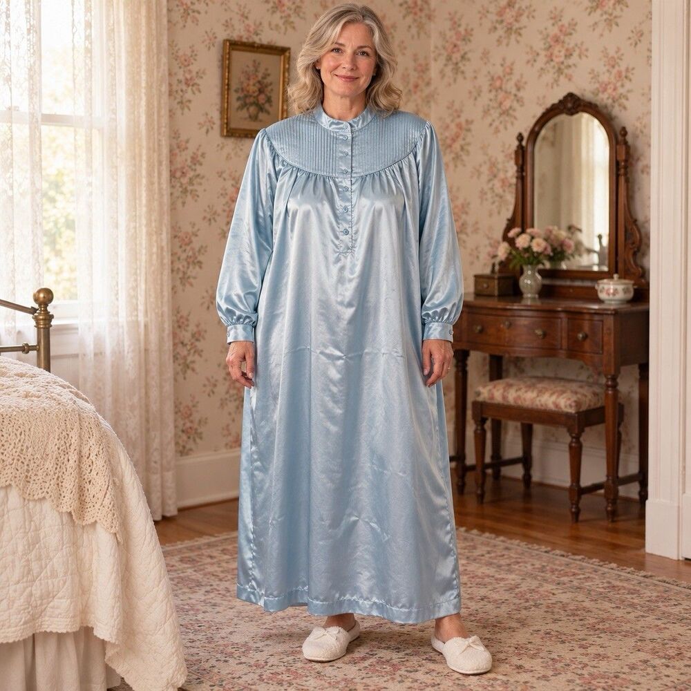 National Women’s 2X Plus Blue Satin Nightgown Long Sleeve Button Front Mock Neck